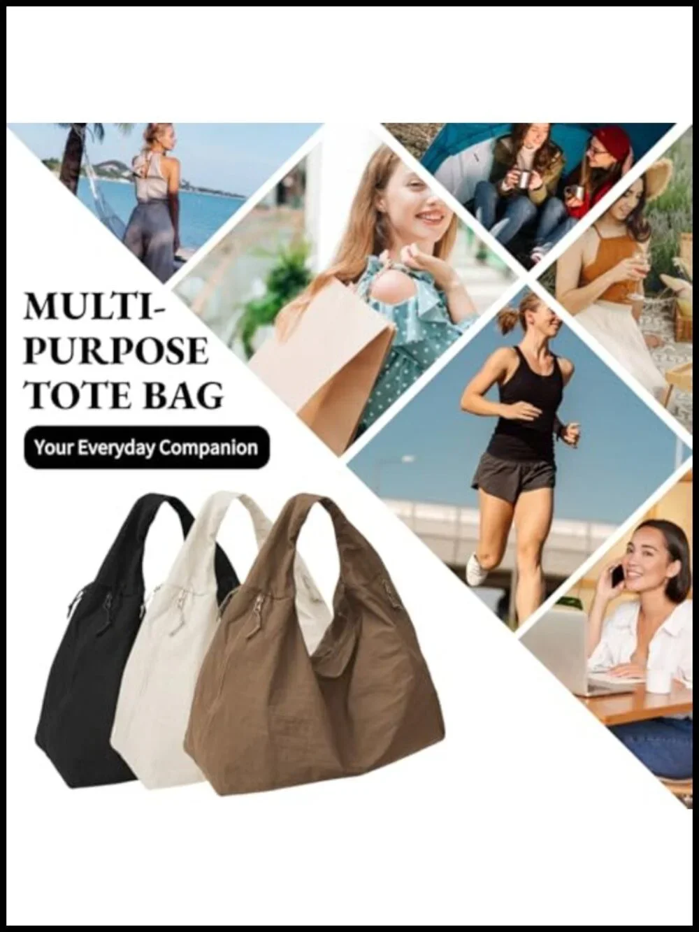 Nylon Slouchy Hobo Tote Bag with Multiple Pockets for Travel
